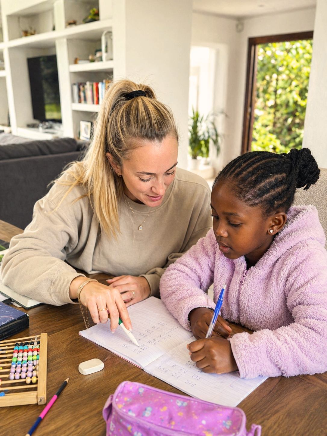 A nanny helping a young girl with her homework at the kitchen table